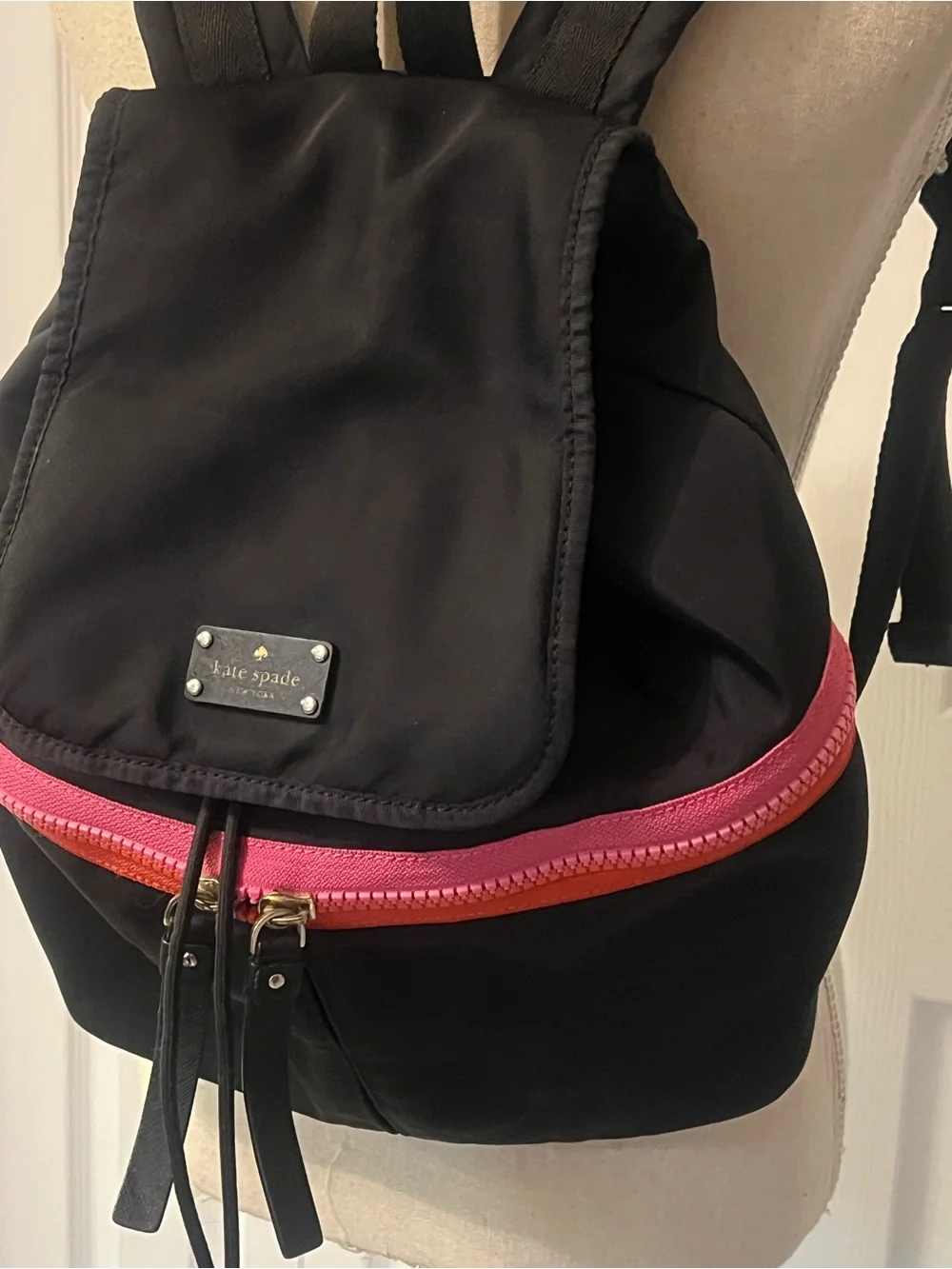 Kate Spade Clark Court Matty Backpack Nylon Black Pink Red Stripe